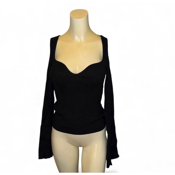 H&M Size Medium Black Rib Knit Sweater flare long sleeves sweetheart neck NWT - Picture 2 of 10